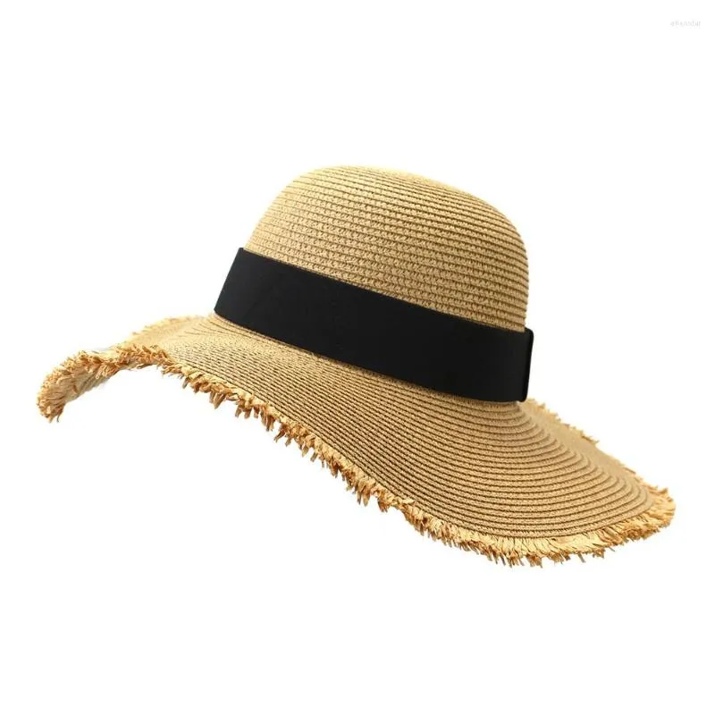 Hüte mit breiter Krempe Strohhut Damen Sonnenschutz Strand Schwarz Weiß Band Gürtel Cap Casual Damen Flat Top Panama