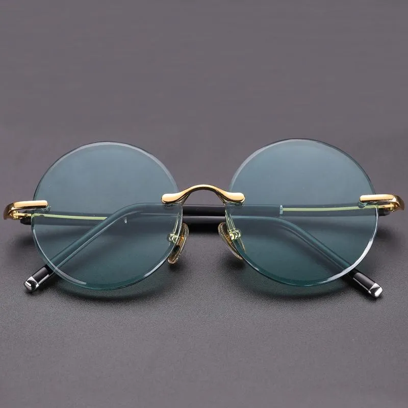 Sunglasses Rimless Round Glass Man Woman Acetate Frame Natural Crystal Stone Green Lens Sun Glasses UV400 Anti Eye Dry Scratch