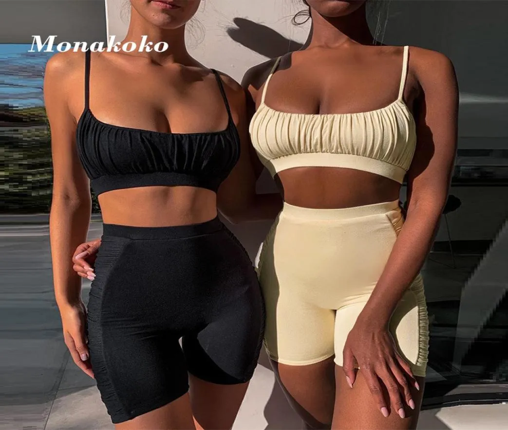 Seksi fırfır spor seti kadınlar siyah yaz ince iki 2 parçalı telli şort yoga spor egzersiz kıyafeti 2020 fitness spor salonu setleri9157657
