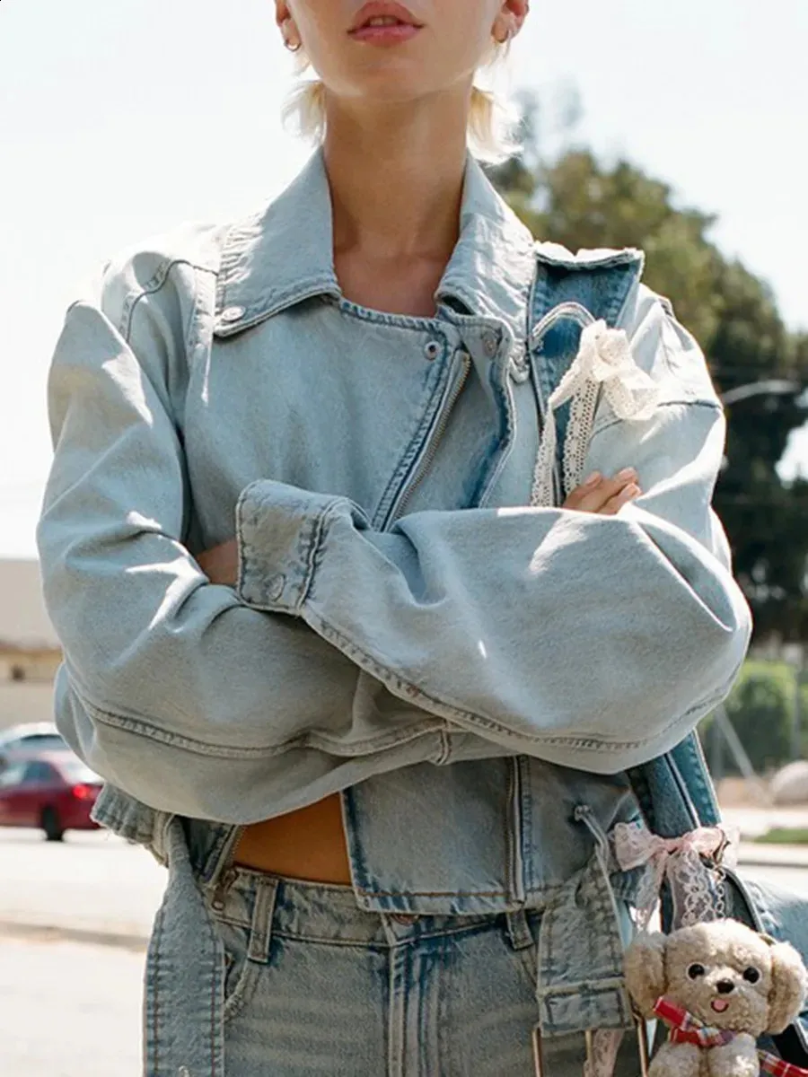 Casual Street Solid Asymmetrical Turndown Collar Long Sleeve Loose Denim Jacket Casual Street Solid Asymmetrical Turndown Collar Long Sleeve Loose Denim Jacket