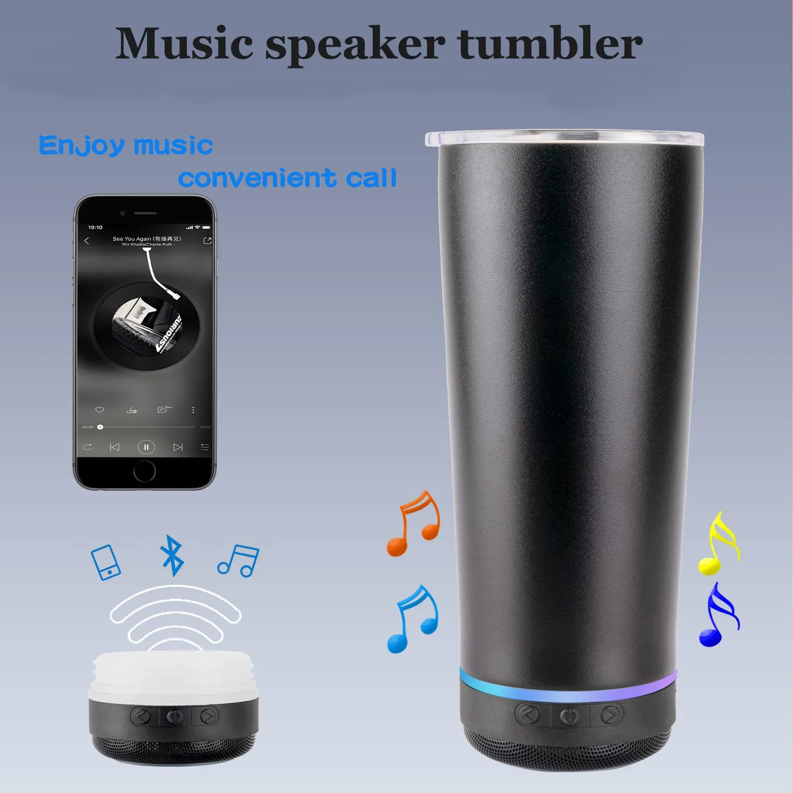 Gobelet de haut-parleur de musique de 30oz, tasse d'eau de musique à Double paroi, gobelet de haut-parleur avec lumière LED détachable