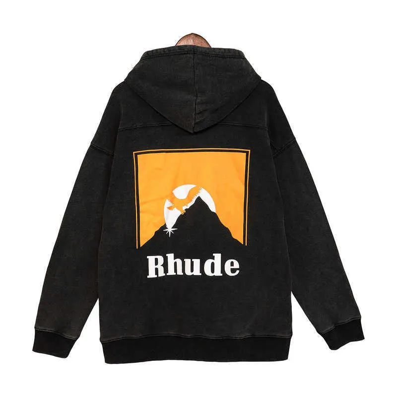 デザイナー服パーカーファッションスウェット Rhude クラシックトレンドサンセットプリントルーズコットン洗浄古いフード付きセーターストリートプルオーバージャケットヒップホップ