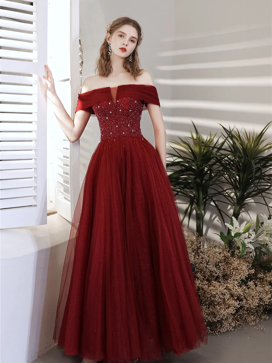 Eleganter Wein Red Cocktail Kleid Spitze Party Vintage Boat Hals Paillettenschildbraut Berühmtheit Eine Linie Lange Abendkleider 2023