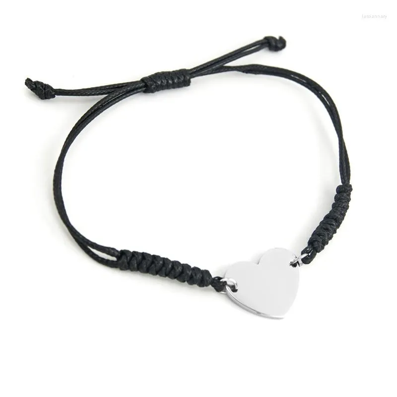 Bracelets de charme Mulheres cordão ajustável Cordamento preto cor cora de cor de corda espelho espelho conector de coração pendente de aço inoxidável