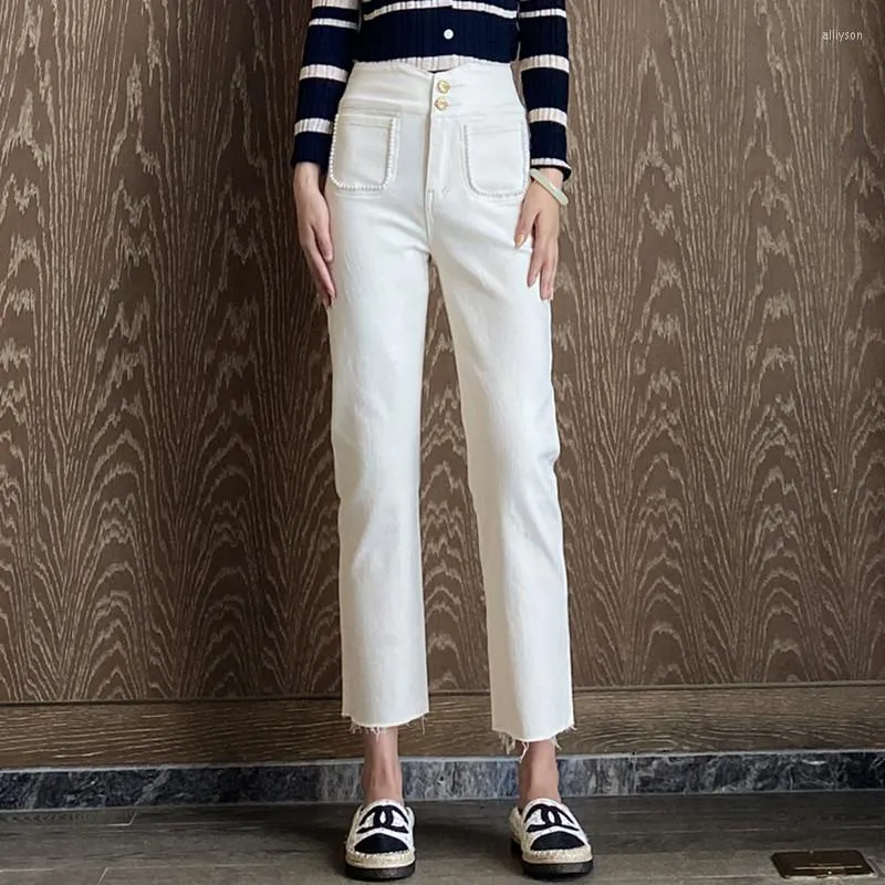 Women's Jeans White High Waist Straight For Women Pockets Pearl Denim Ankle-length Harem Pants Korean Buttons Loose Trousers Jean 6005