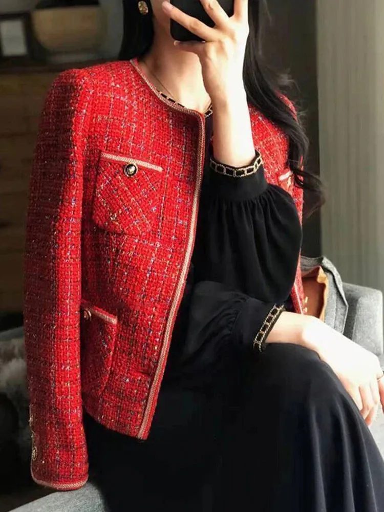 Womens Jackets Zoki Christmas Red Tweed Jacket Elegant Button South Korean Short Coat Fashion ONeck Long Sleeve Casual Design Sweet Top 231120