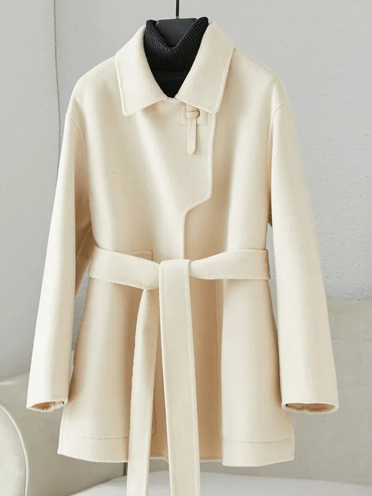 Mélange de laine pour femmes, manteau en cachemire double face blanc cassé, court et petit, 2023 100 pure laine, 231118