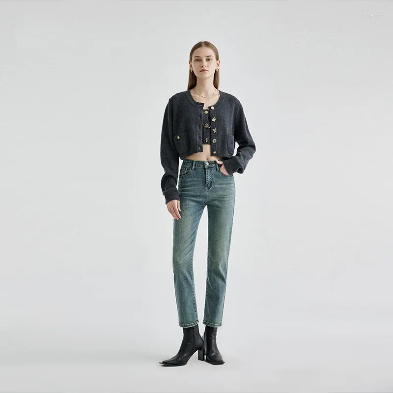 Kvinnors jeans 2023 Autumn/Winter High End Blue Vintage midja Slim Elastic Crop Pants Denim Straight Leg