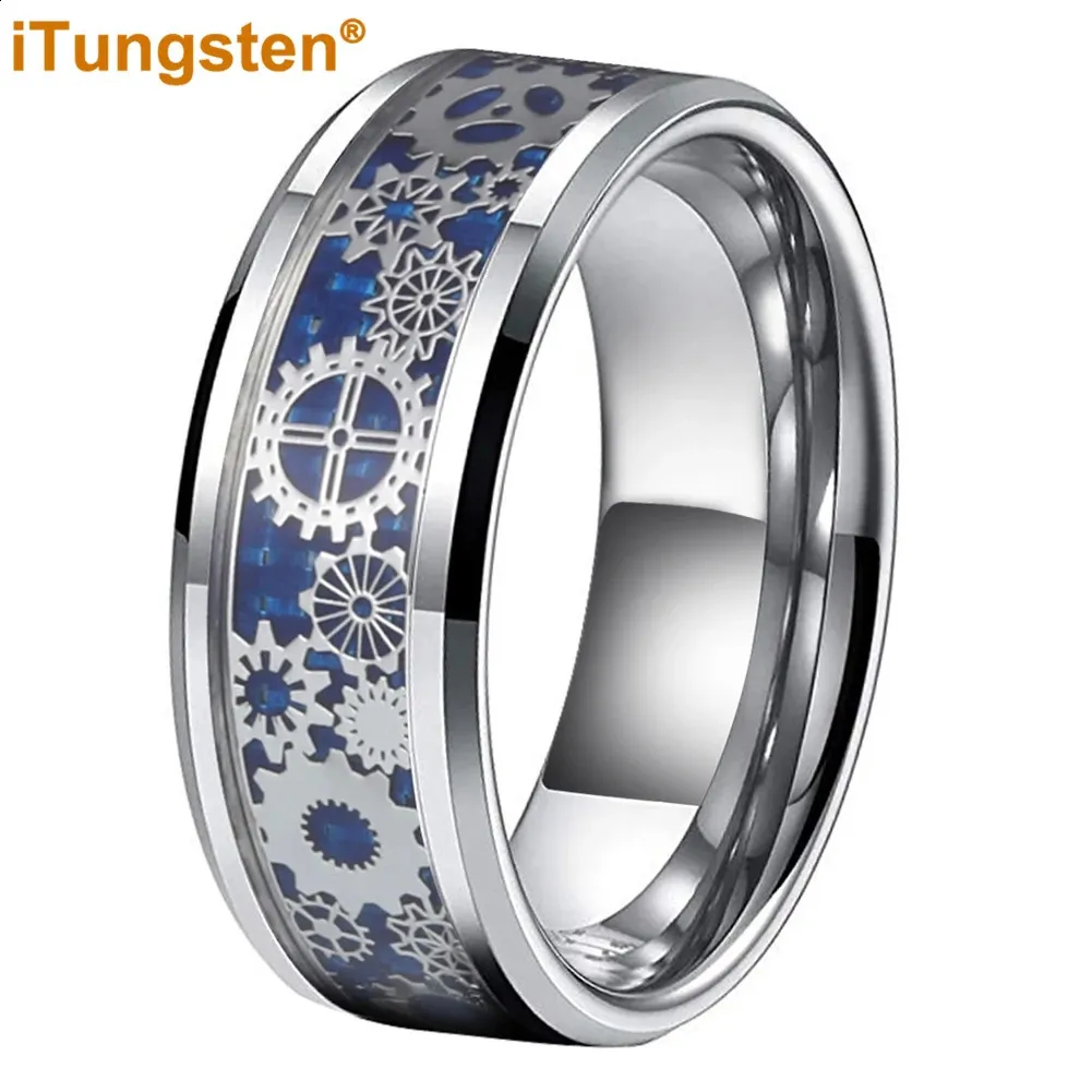 Anneaux de bande iTungsten 6mm 8mm bleu fibre de carbone Steampunk Gear incrustation anneau de tungstène pour hommes femmes bande de mariage bijoux de mode confort Fit 231118