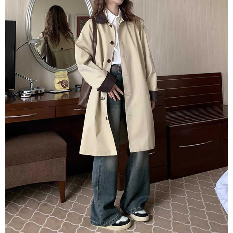 Trench coats femininos contraste meados de comprimento trench coat para o outono novo estilo design estilo leite usar manga comprida roupas femininas