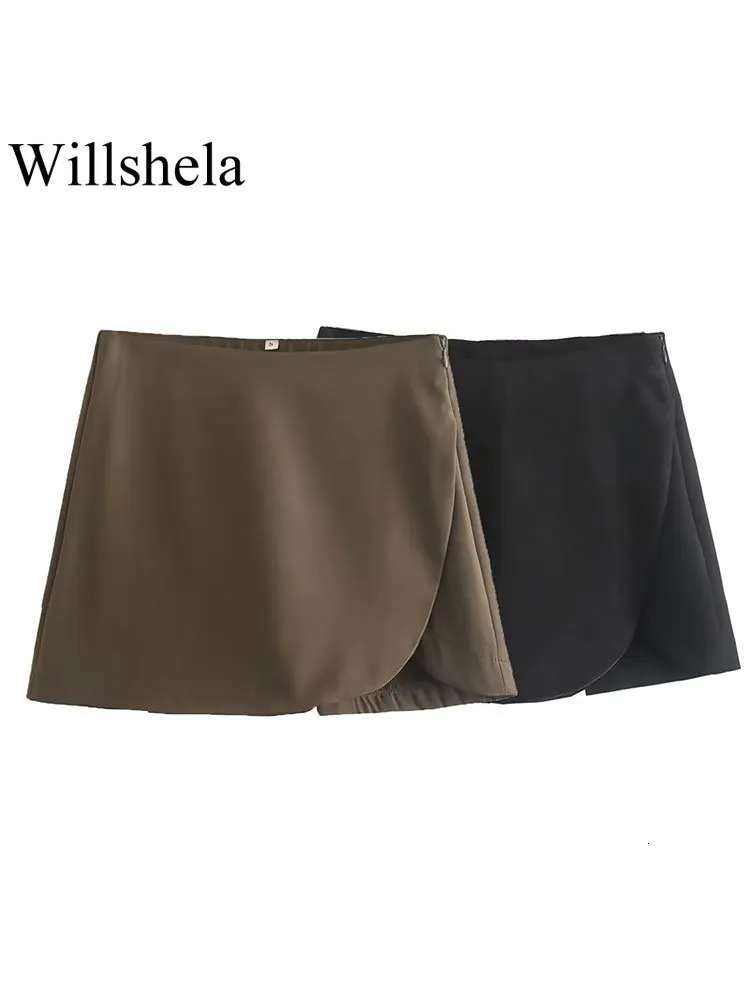 Pantaloncini da donna Willshela Moda donna Gonne solide Vintage Vita alta Fessura con cerniera laterale Donna Chic Lady 230419