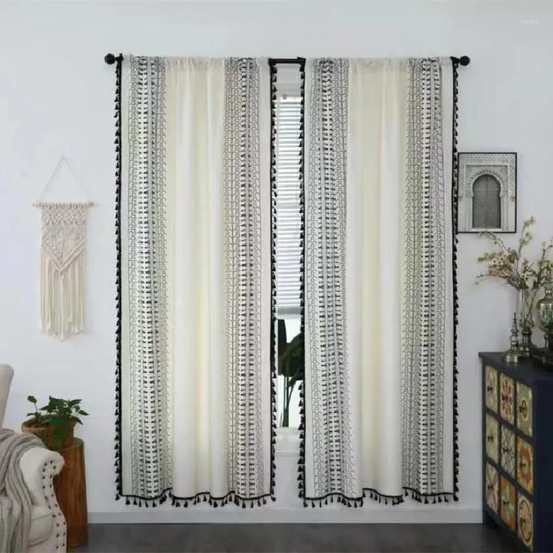 Cortinas de cortina semi -blecaute para sala de estar decoração de cozinha decoração boho estilo geométrico de linho de linho de algodão impresso