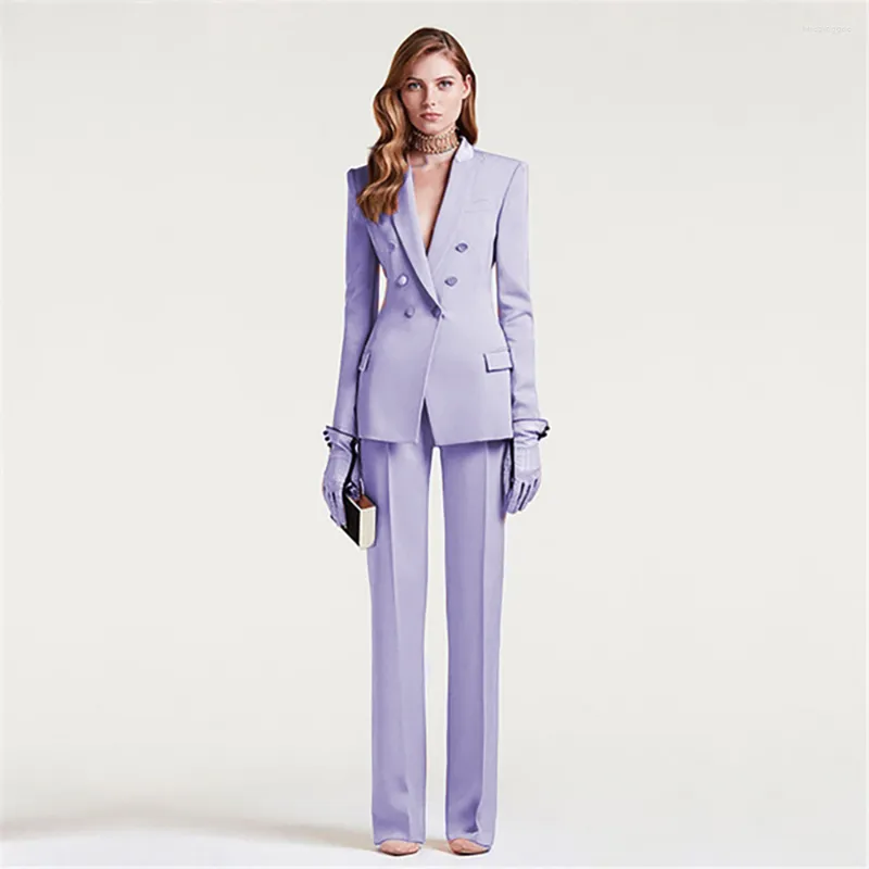 Women's Two Piece Pants Light Purple Women's Double Breasted Business Suit Female Custom Made Slim Fit Straight Tuxedos Party 2-Pcs Sets
