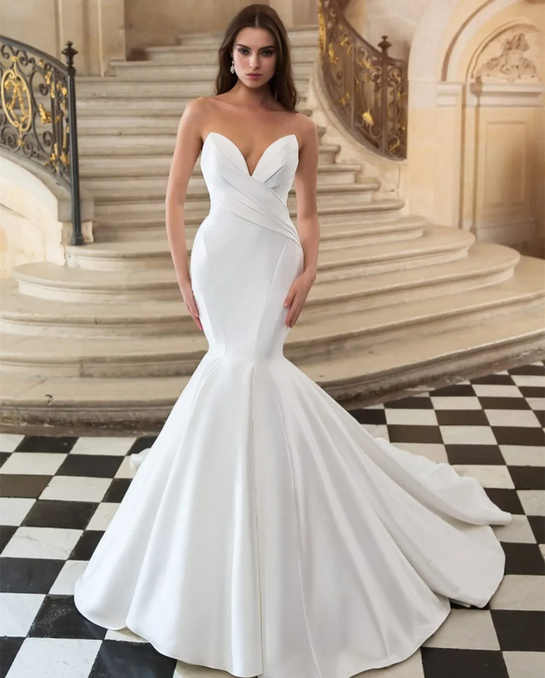 Ivory Crepe Satin Mermaid Wedding Dress With V Neck Sweep Train And Open Back From Dyy dress88 70.61 DHgate.Com
