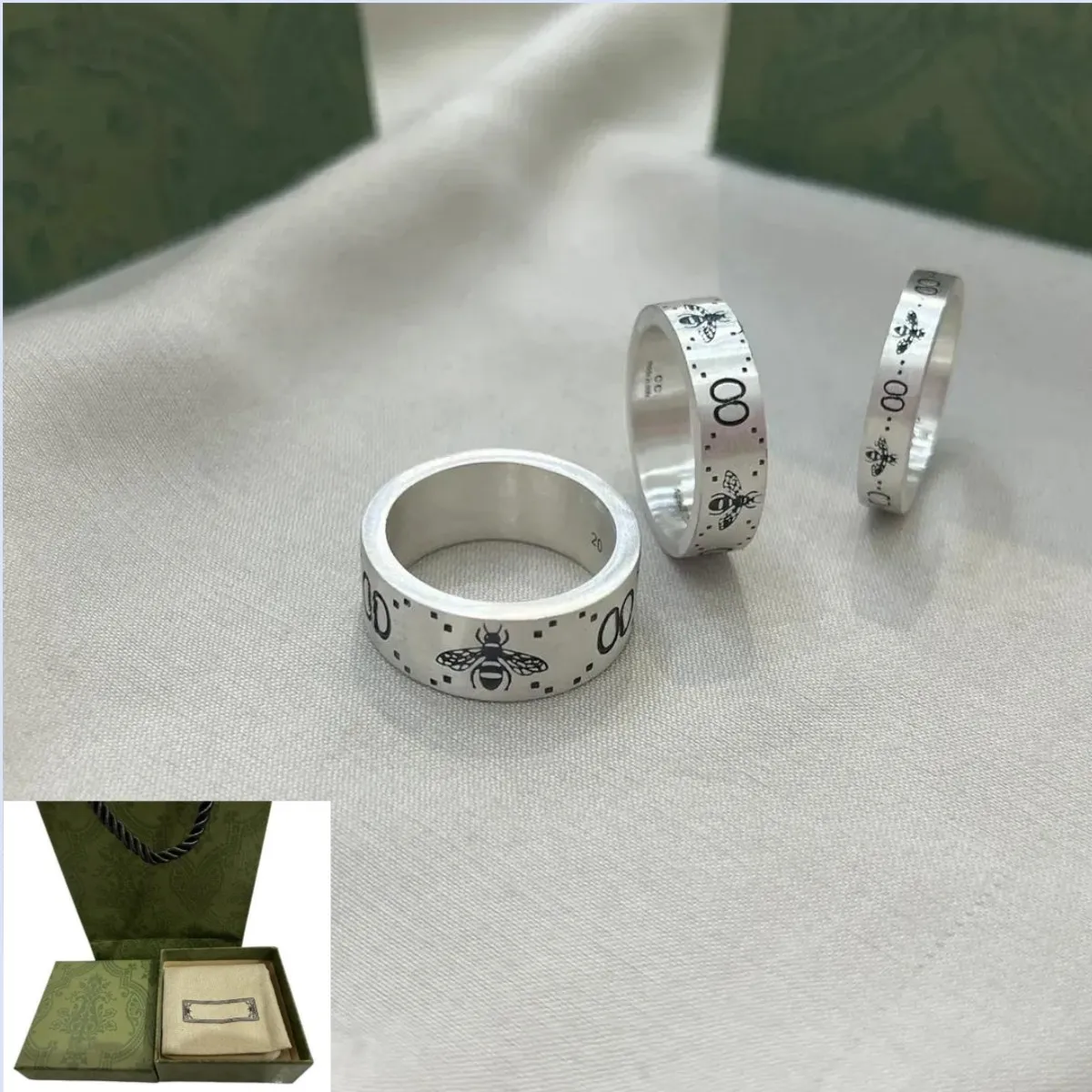 Luxury Designer Ring Silver Rings for Women Men Vintage Stainless Steel Bee Pattern Lovers Jewelry 4MM 6MM 9MM Width