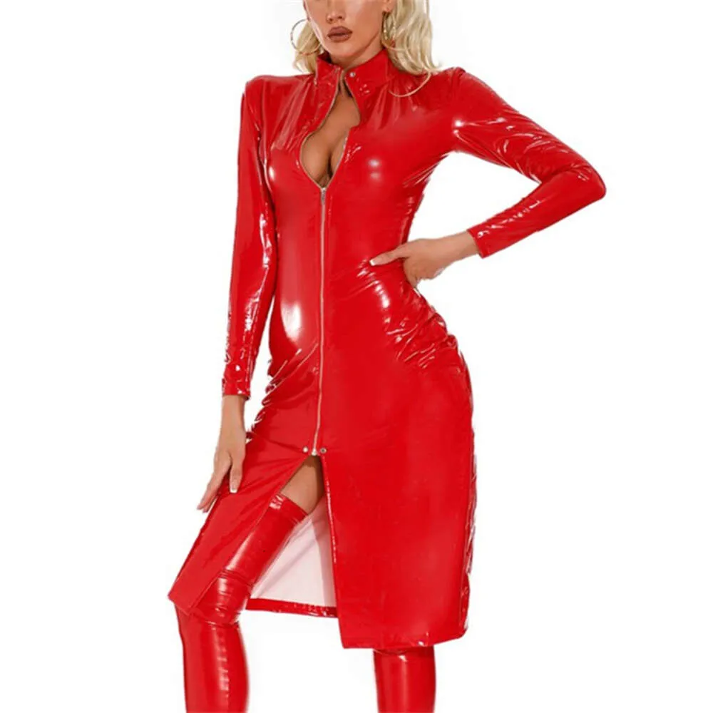 Sexig kvinnor Erotisk klänning Glossy Patent Leather Sex Appeal Zipper Cardigan Stand Up Neck Motorbike Wear Female Nightclub Gamewear