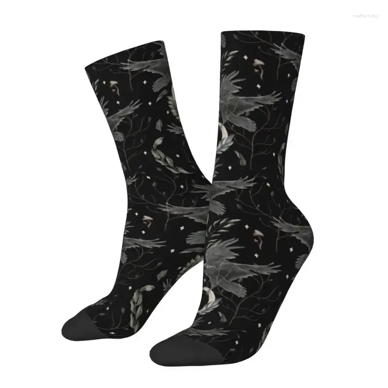 Calcetines para hombres Lindo impreso Cuervo Luna para hombres Mujeres Elástico Verano Otoño Invierno Halloween Spooky Witch Crew