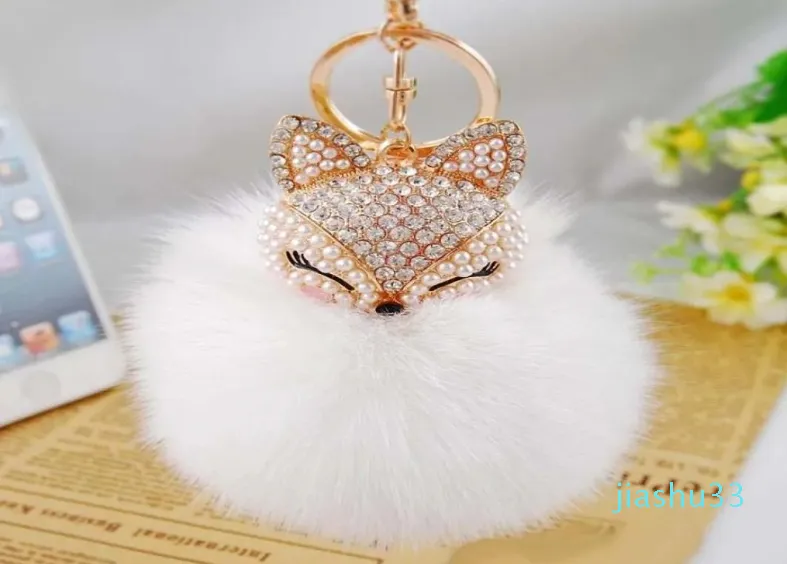 Cute Fox Keychain with Real Rabbit Fur Pom Pom Bling Rhinestone Charm,  Car Key Ring, Bag Pendant, Stylish Accessories Great Gift!