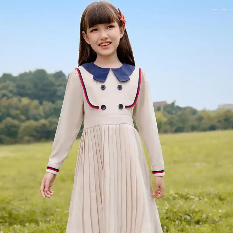 Girl Dresses Vintage Style Dress For Girls Autumn Spring Children School Uniform Clothes Kids Long Sleeve Pleated Hem Princess Gowns 5-12Y