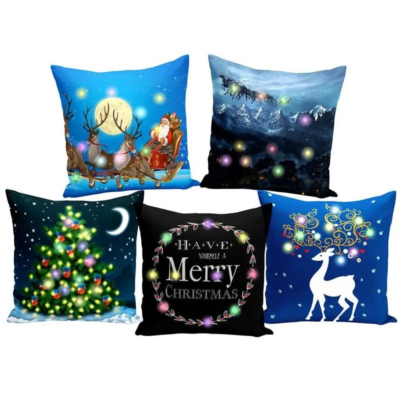 Funda de almohada Iluminación LED Funda de almohada Cojín de Navidad Er Sofá para el hogar Funda de almohada Decoración de la sala Entrega de entrega Hogar Jardín Hogar T Dhh9Q