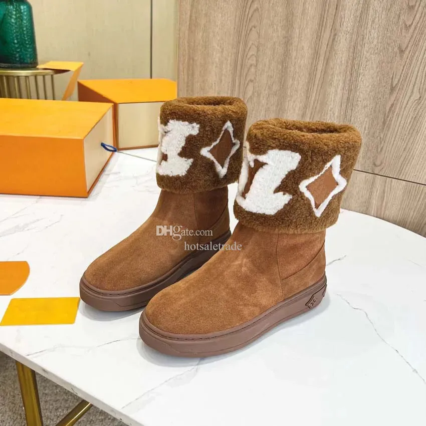 Botas de nieve marrones, botas de piel gruesa para mujer, medias botas para mujer, botas de nieve de lujo, media bota Martens, zapato Chelsea de cuero a cuadros, a la venta