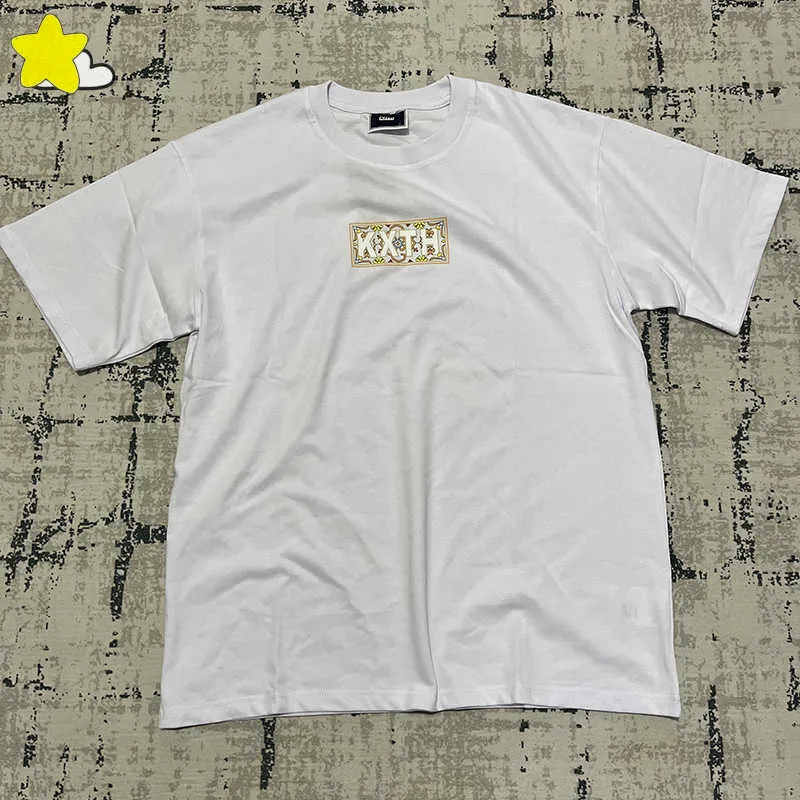 Men's T-Shirts Hip Hop Classic Moroccan Tile Box KI T Shirt Men Women Heavy Fabric Cotton Yellow Cashew Prining Ki Tee Short Sleeve