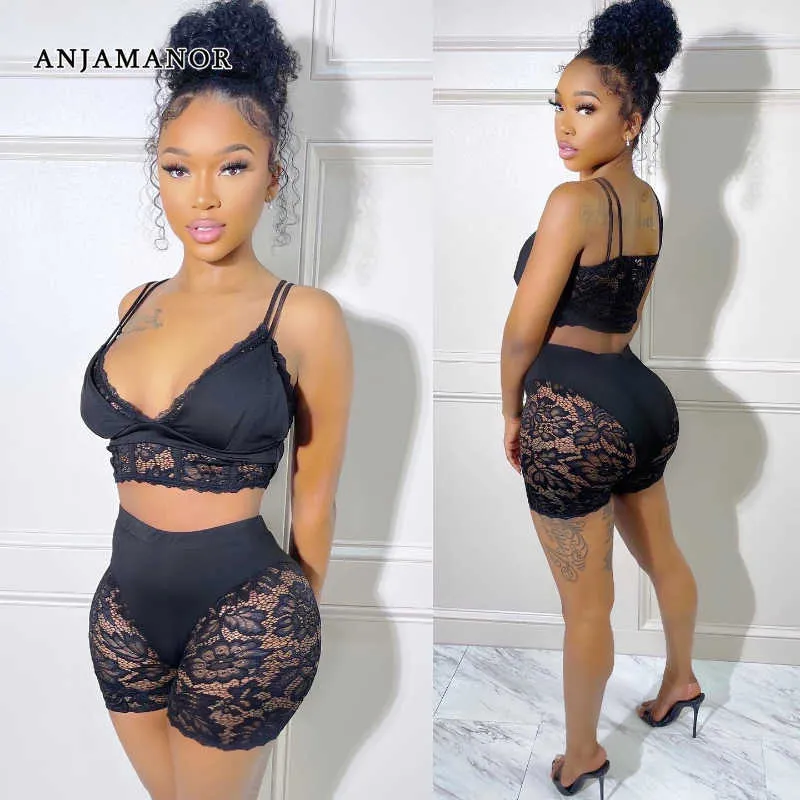 Women's Tracksuits ANJAMANOR Black Sexy Outfit Woman Summer 2 Piece Sets Lace Sheer Bralette Crop Top and Shorts Matching Sets Clubwear D43-CH16 P230419