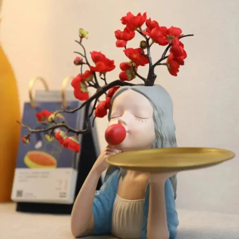 Wazony nordycka dziewcząt statua żywiczna figurki wazon z tacą płytową talerz Bubblegum dziewczyna rzeźba luksusowa dekoracje domu 231120