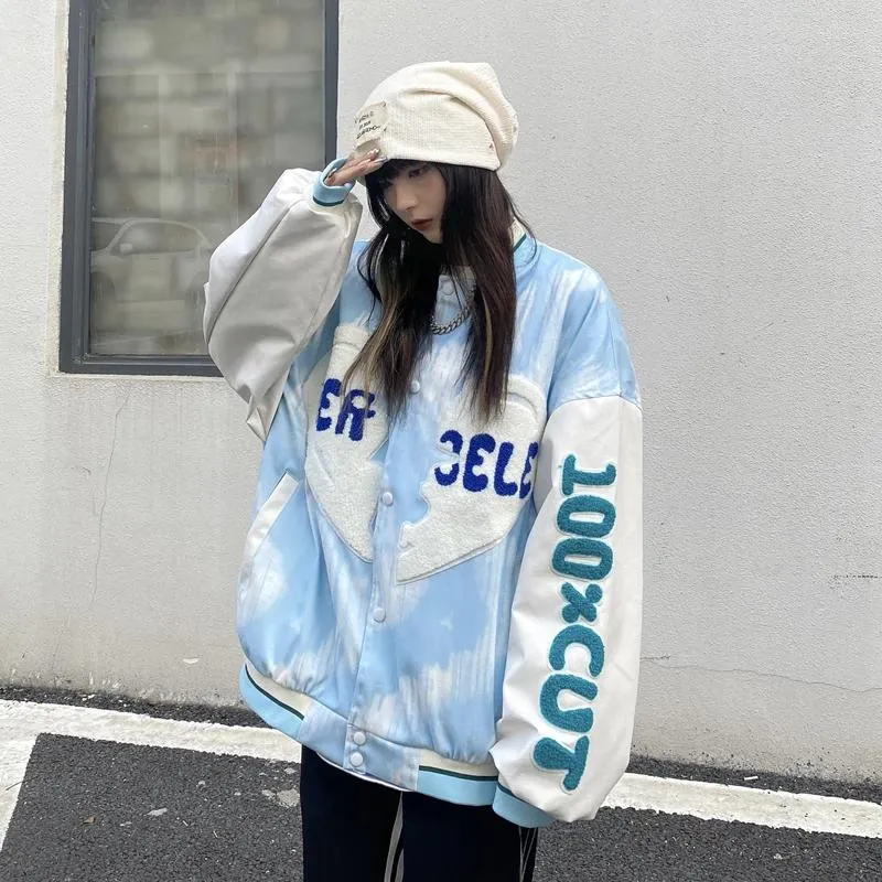 Women's Jackets Autumn Fashion Jacket Korean Vintage Tie Dyed Love Towel Embroidered Sleeves Collated Leather Baseball Coat Unisex