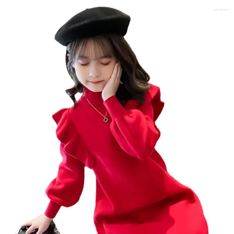 Robes de fille automne hiver vêtements pour bébés filles robe tricotée 2023 princesse solide rouge à volants élégant doux à manches longues pulls jupes