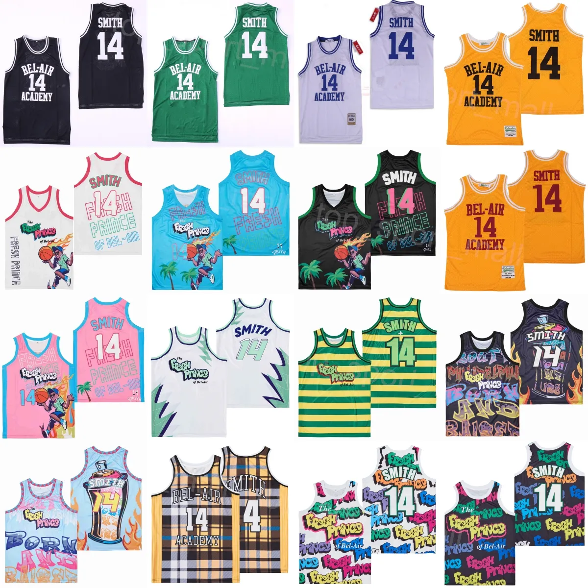 Película Baloncesto 14 Will Smith Jersey Película The Fresh Prince Jazzy Jeff DE BEL-AIR GRAFFITI ANIVERSARIO BELAIR Negro Blanco Amarillo Rojo Verde Rosa Uniforme cosido