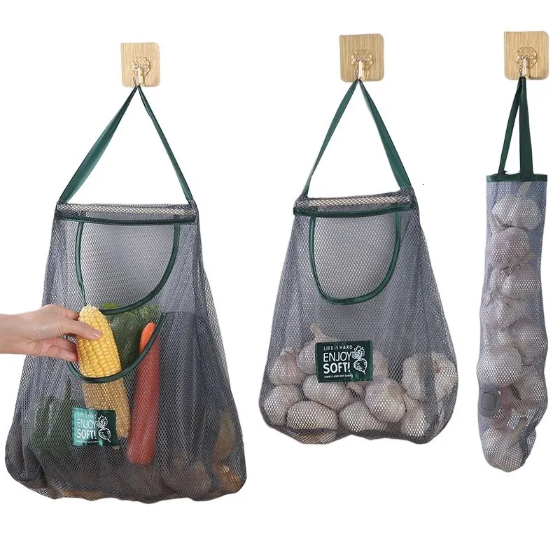 Cestas de almacenamiento reutilizables para colgar en la cocina, bolsa de malla para el hogar, red para frutas y verduras para jengibre, ajo, patatas, cebollas 230419