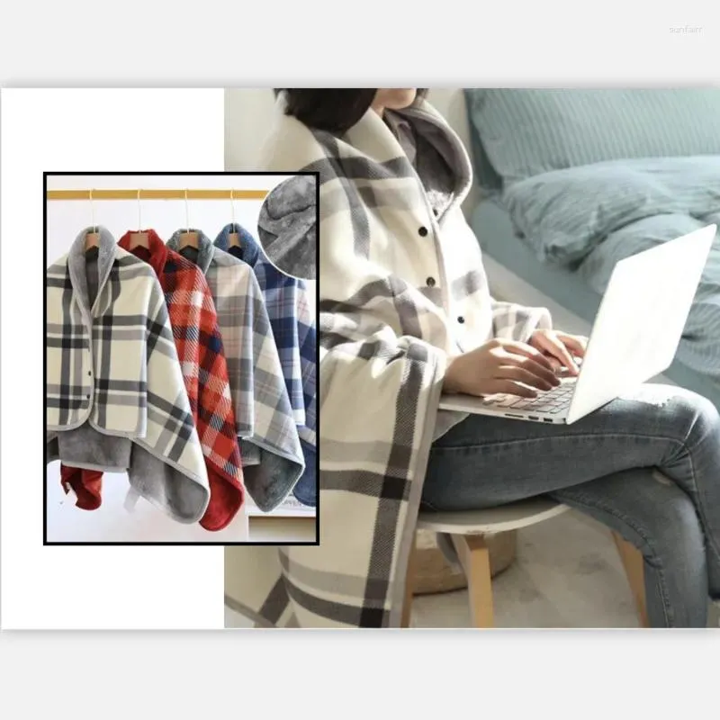 Blankets Thick Plaid Blanket Warm Winter Wearable Office Travel Soft Fleece Throw With Button Shawl Lazy People