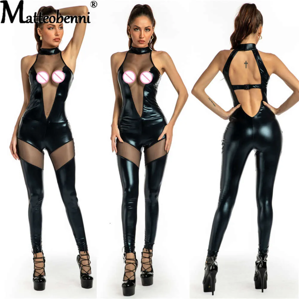 Sexy Women Mesh Patchwork Faux Leather Catsuit PVC Latex Lingerie Bodysuit Clubwear Zipper Jumpsuits Stretch Hot Erotic Costumes