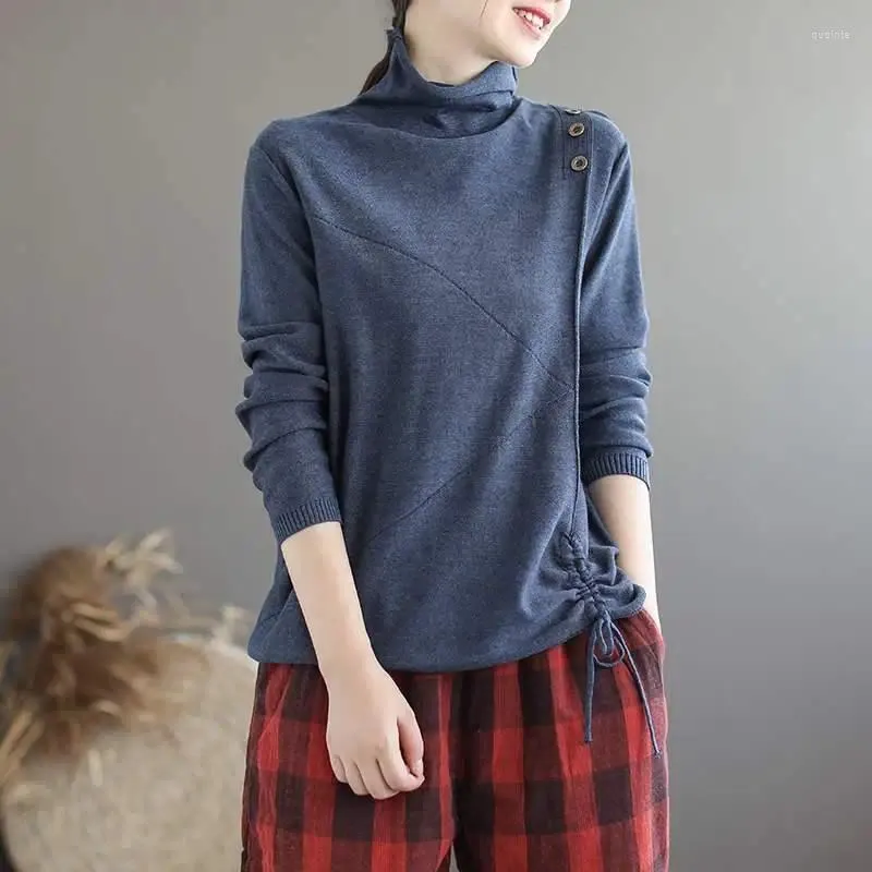 Women's Sweaters Fashion Turtleneck Button Solid Color Shirring Clothing 2023 Autumn Winter Loose Commuter Pullovers Casual Tops