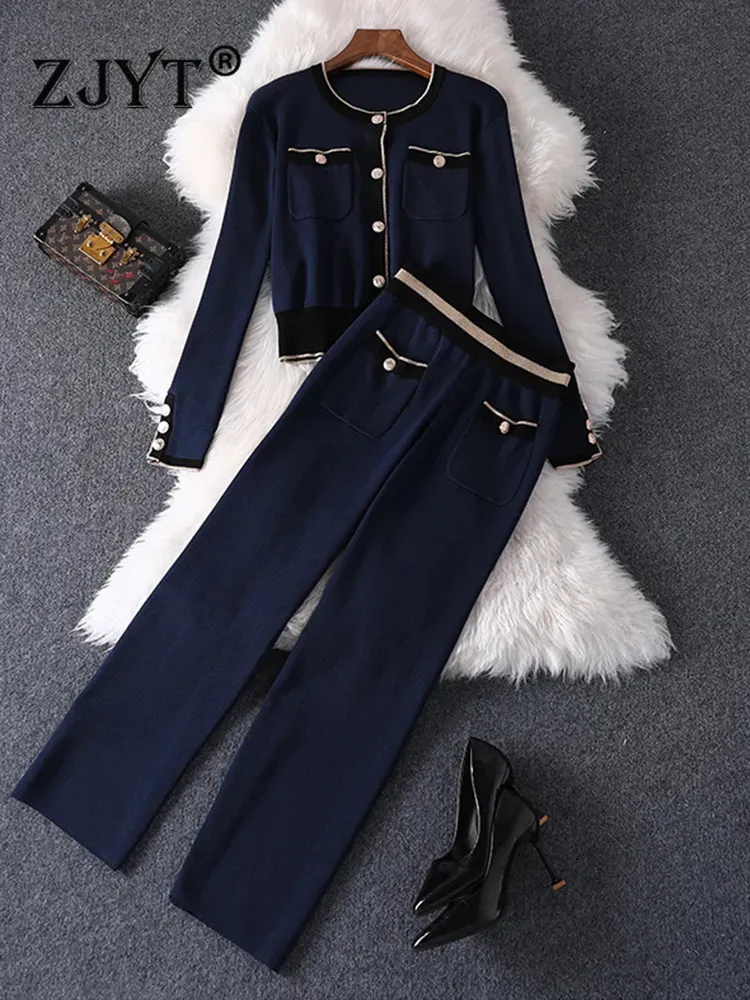 Pantaloni da donna in due pezzi ZJYT Autunno Inverno Set lavorato a maglia 2 pezzi Adatti per eleganti pantaloni casual con cardigan a blocchi colorati blu 231120