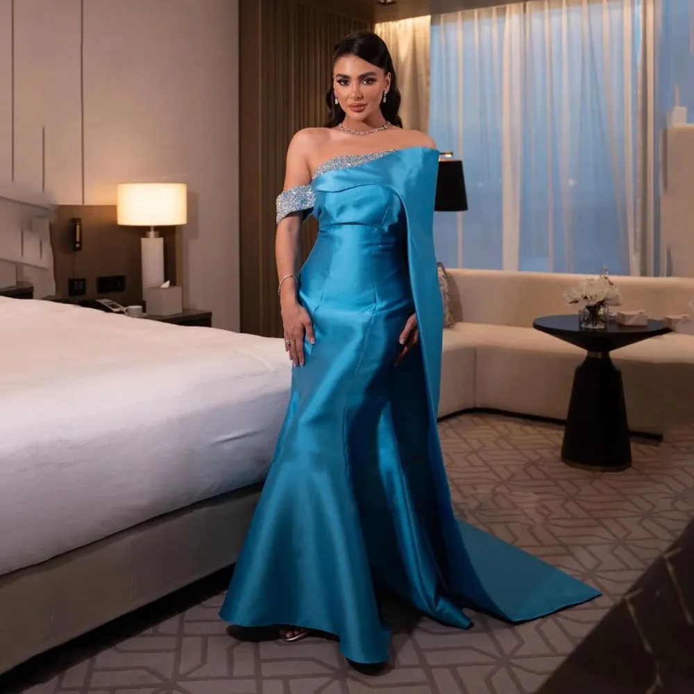 Robe de soirée en Satin bleu, asymétrique épaule dénudée, robe de bal formelle, longue Cape, style sirène, vêtements de fête, 326 326