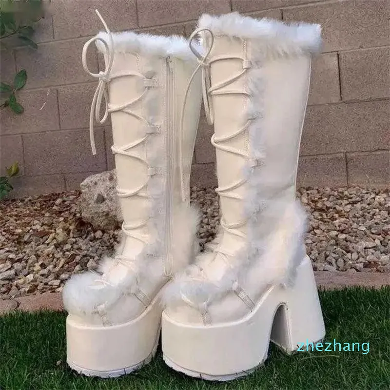 Furry Boots Chunky High Heeled Winter Knee High Boots Women Faux Fur Zip Style Punk Shoes Ladies
