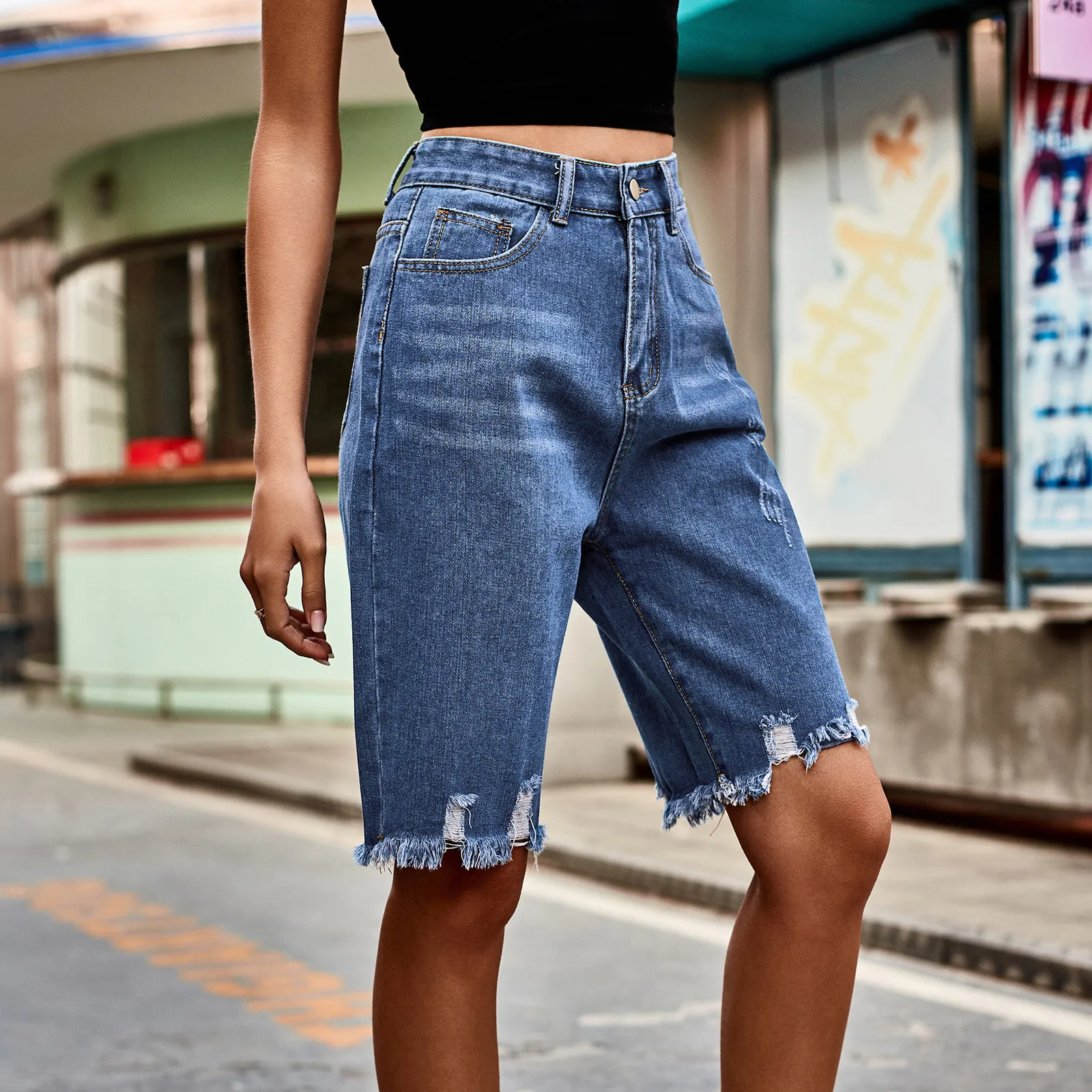 Pantalones Cortos Para Mujer 2023 Verano Mujeres Denim Cintura Alta Jeans  Rasgados Calle Perforada Moda Piel Franja Cinco Puntos 230419 De 46,78 €