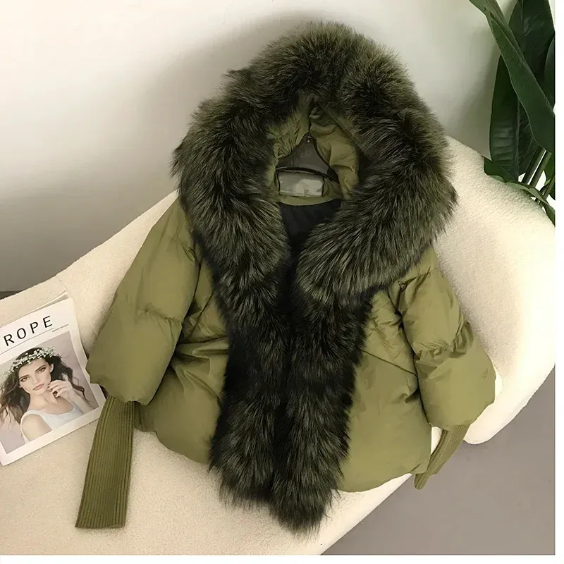 여자 다운 파파 진짜 여우 모피 칼라 후드 겨울 재킷 여자 천연 두꺼운 따뜻한 느슨한 오버 사이즈 오리 코트 스트리트웨어 외부웨어 231120