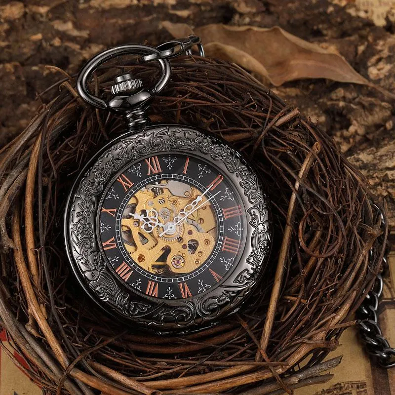 Pocket horloges vintage bronzen skelet mechanisch horloge mannen Roman Dial Steampuk Hand Wind Pendant Clock Chain Reloj de Bolsillopocket