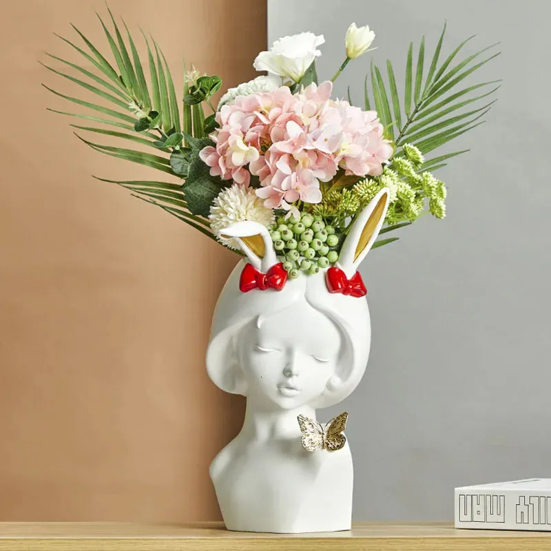 Vases Résine bois fille petit Vase Style Simple visage humain Vase décoration salon chambre fleur Arrangement fleur séchée maison 231120