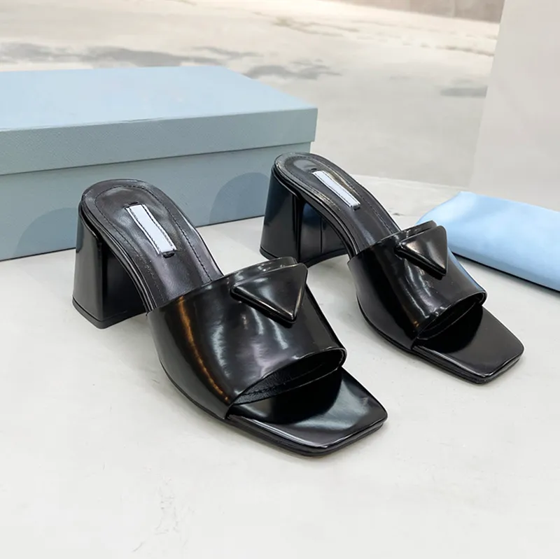 Woman Designer Brushed Leather Heel Sandal Mid-heel Slipper Block Heeled Slide Mule Lady Dress House Flip Flops Beach Sliders