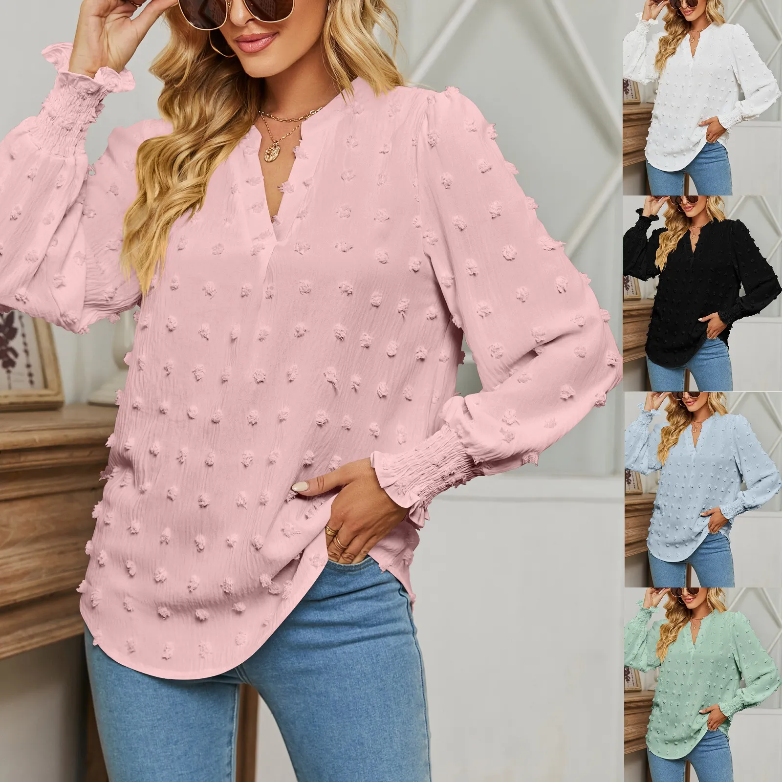 Autumn New Women's Bubble Sleeve Shirt Polka Dot Top de manga comprida