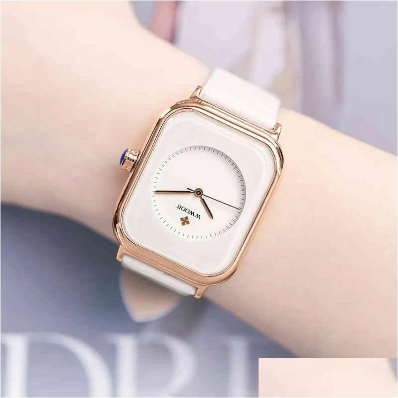 Montres-bracelets Mode Femmes Montres 2021 Nouveau Wwoor Marque Blanc Cuir Rec Minimaliste Montre Dames Quartz Robe Montre-Bracelet Mo Dhgarden Otjea