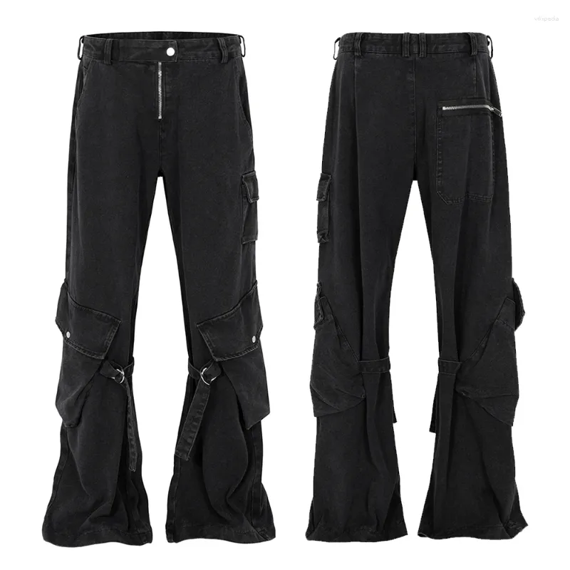 Jeans da uomo Moda Street Wear Pantaloni a zampa neri Nastro Y2K Cerniera multitasca Unisex 2023 Autunno/Inverno