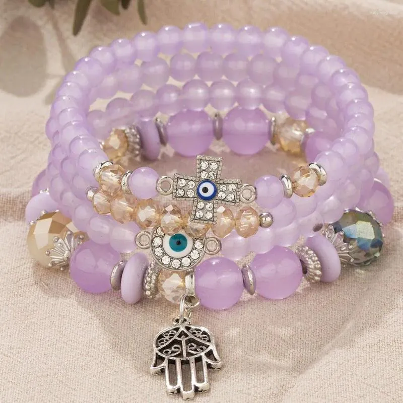 스트랜드 Diezi Bohemian Purple Crystal Beads 여자를위한 팔찌 다층 팜 크로스 눈 탄성 밧줄 pulseira feminina