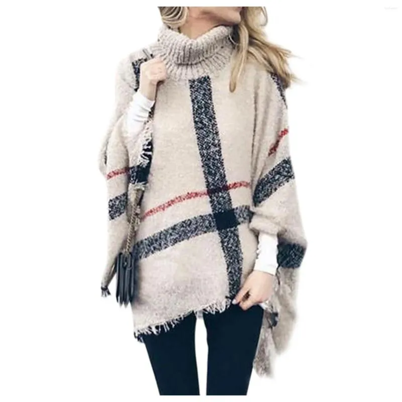 Women's Sweaters Dress Ponchos Boho Loose Tassel Plaid Poncho Turtleneck Jumper Knit Oversized Pullover Sweater Tops For Women