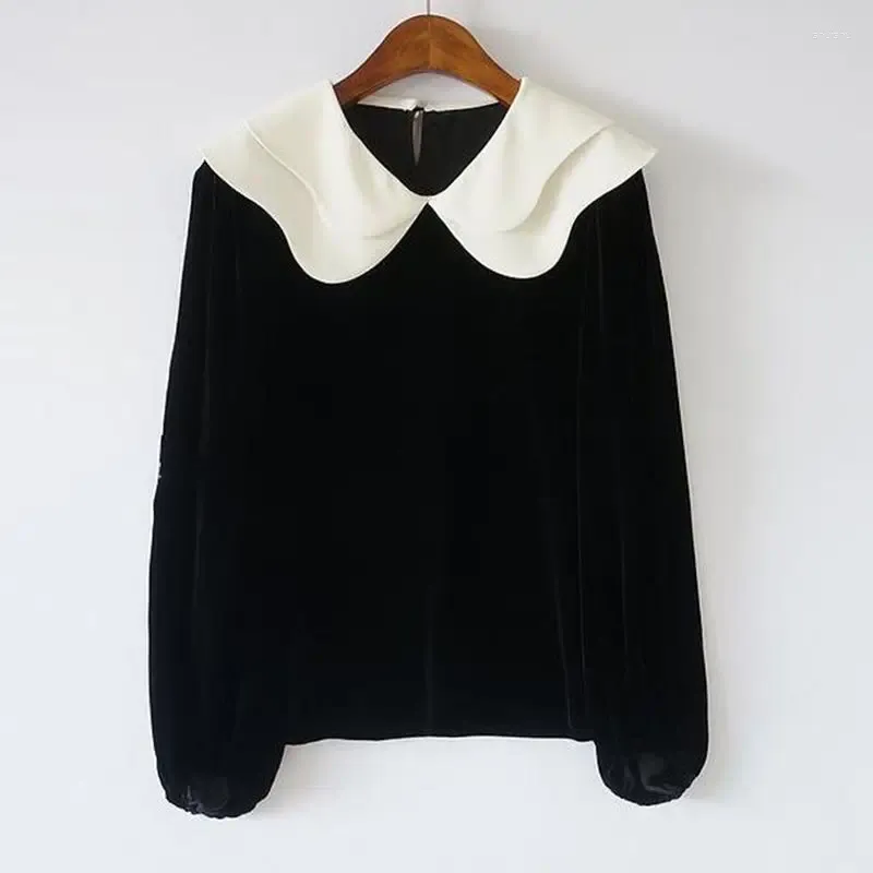 Kvinnors hoodies svart lapel topp för höst och vinter mode retro långärmad sammet tröja