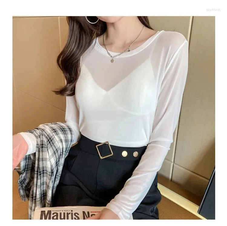 女性用Tシャツ夏の韓国ファッションメッシュTシャツ女性ビンテージ透明なトップスゆるい白いオフィスの女性